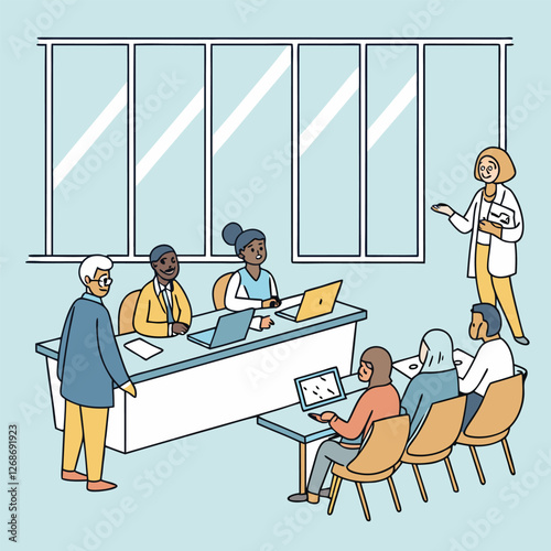 Business meeting scene with diverse professionals in discussion
