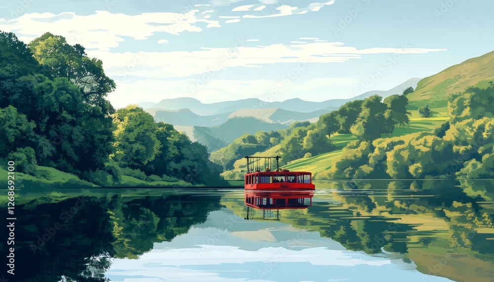 Naklejka premium Cable ferry traversing a serene river, surrounded by lush greenery, offering a tranquil journey across the water.