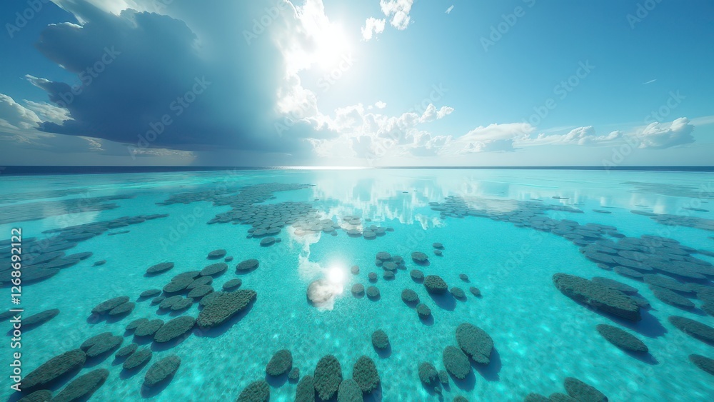Aerial view of an expansive coral reef system surrounded by clear turquoise ocean water	