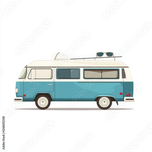 Retro camper van journey, vibrant flat design, adventurous spirit, exploring scenic landscapes, embracing freedom and nostalgia, travel enthusiast's dream