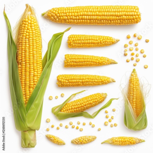Yellow Corn Cob Kernels on White Background