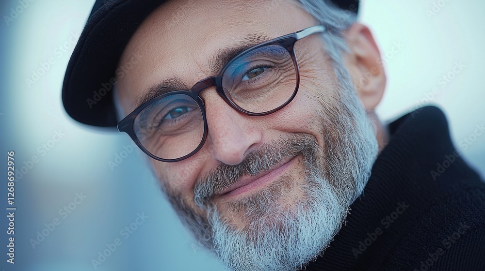 Smiling man with glasses and a hat poses confidently outdoors during the day, showcasing a cheerful expression against a blurred background Smiling man with glasses and a hat poses confidently outdoors during the day, showcasing a cheerful expression against a blurred background