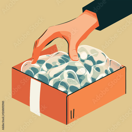 A vector of a hand unboxing a package with bubble wrap and tape