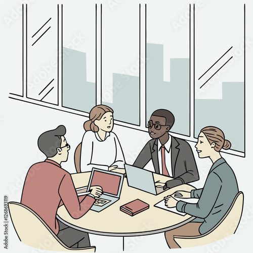 Business meeting scene with diverse professionals in discussion