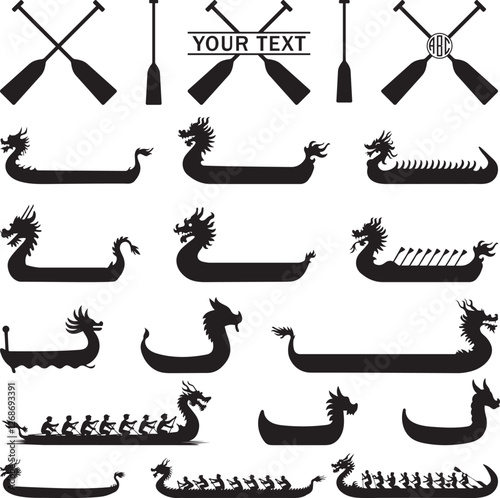 Dragon Boat Race Icons Set vector Silhouette Illustration