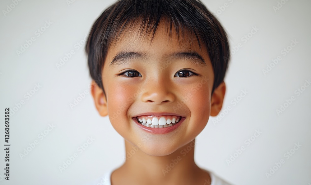 Happy child smiles brightly in a simple studio setting during a playful moment captured in the afternoon light