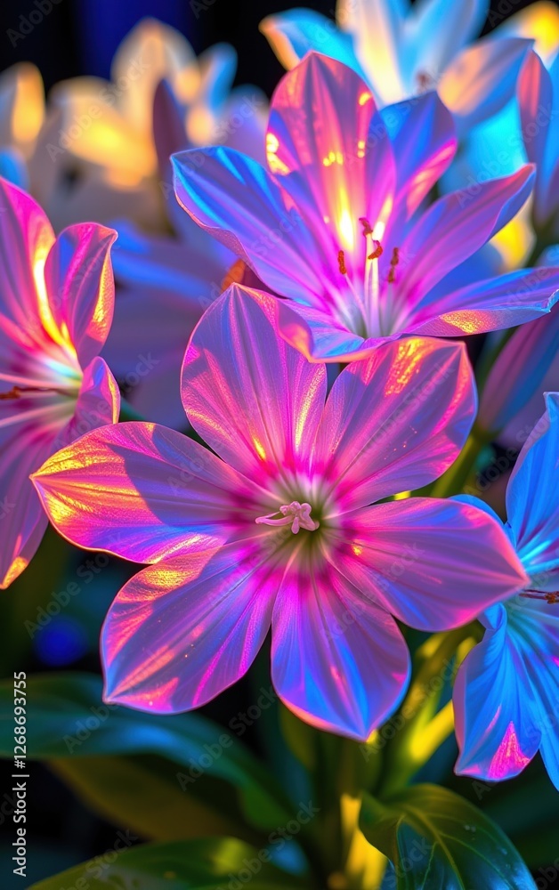 Fototapeta premium A stunning close-up of vibrant, glowing flowers in full bloom, illuminated with soft golden light.