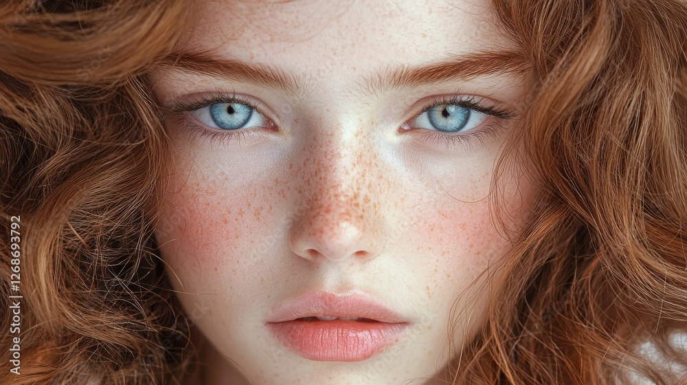 Beautiful girl with red curly hair and striking blue eyes showcasing natural freckles in a soft, intimate portrait during bright daylight Beautiful girl with red curly hair and striking blue eyes showcasing natural freckles in a soft, intimate portrait during bright daylight
