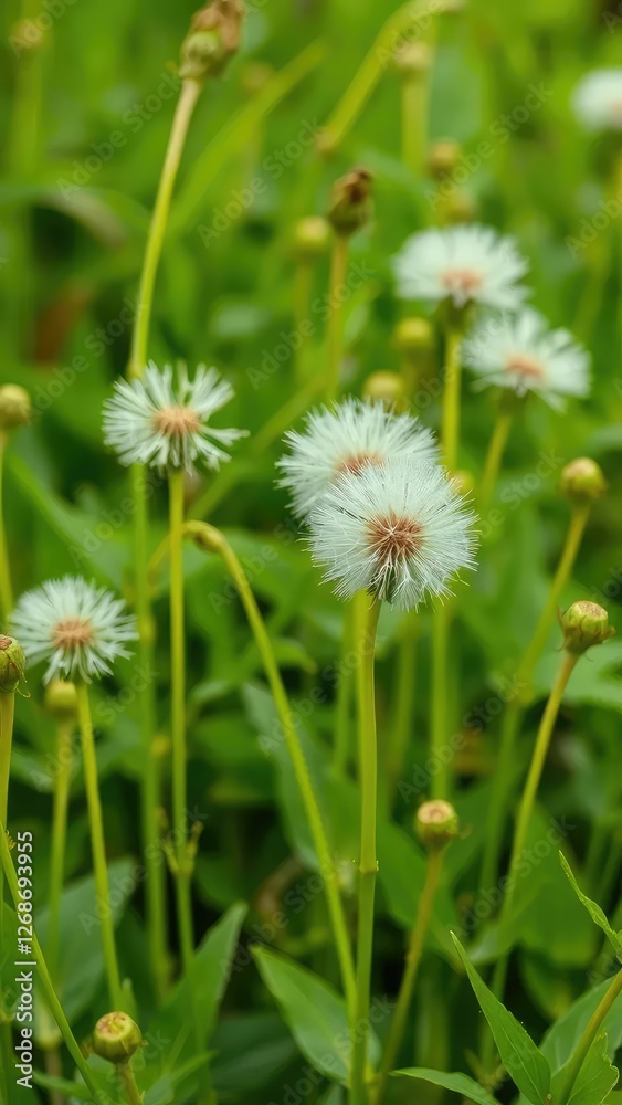 Soft green background with delicate dandelion stems and leaves in full bloom, nature, green, garden Soft green background with delicate dandelion stems and leaves in full bloom, nature, green, garden