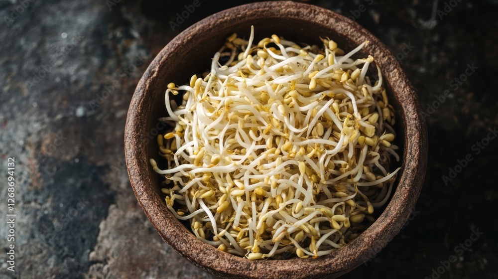 Close-up of fresh, healthy bean sprouts in a rustic wooden bowl. Close-up of fresh, healthy bean sprouts in a rustic wooden bowl.