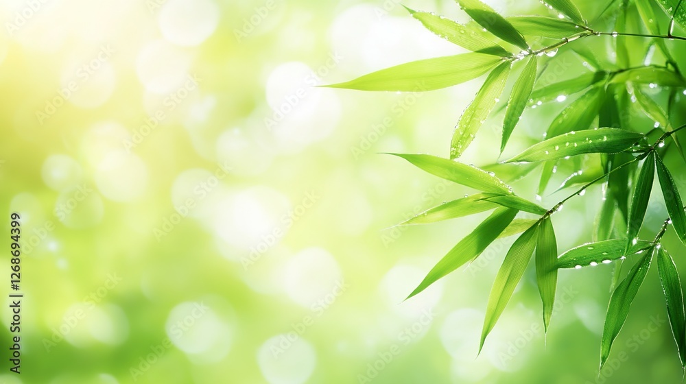 Obraz premium Vibrant bamboo leaf with dewdrops, soft sunlight, blurred flowers, embodying summer's refreshing simplicity.