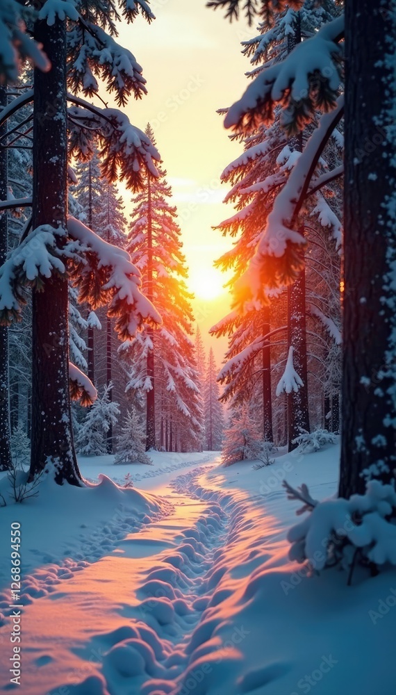 Naklejka premium Soft light of winter sunrise illuminates snow-covered pines, Light, Sunrise, Forest