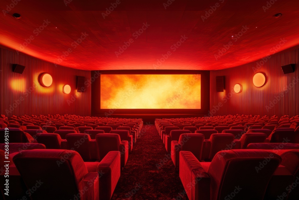 Fototapeta premium Red themed cinema with empty seating and a large screen displaying fiery visuals. Generative AI