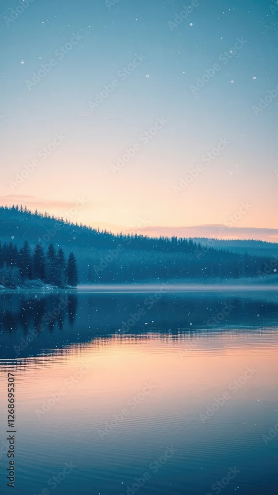 Fototapeta premium Softly falling snowflakes on a serene lake at dawn, lake, tranquil scene, serene landscape