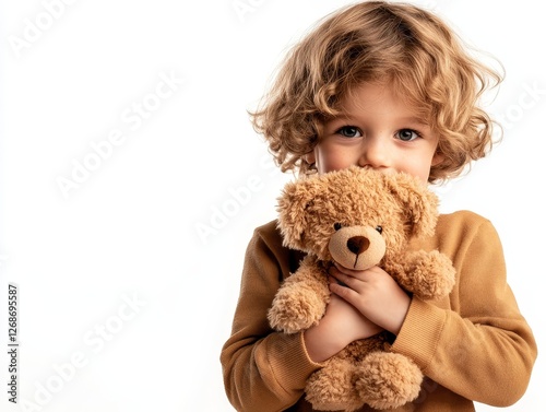Child embracing a teddy bear, showcasing warmth and innocence, evoking feelings of comfort and childhood joy.
