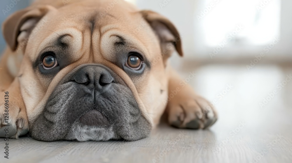 Fototapeta premium Bulldog sitting on the floor in front of a kitchen area with copy space.