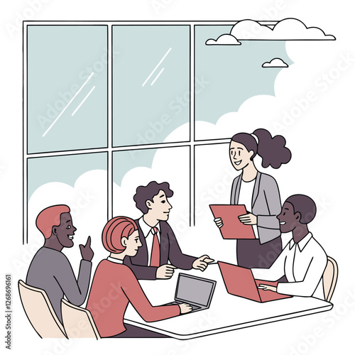 Business meeting scene with diverse professionals in discussion