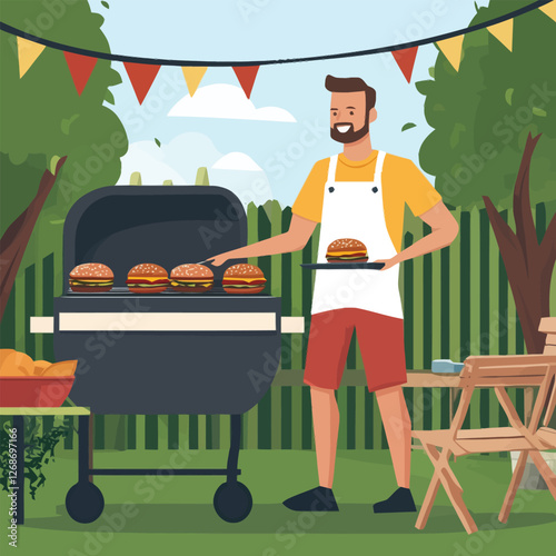 A flat 2D vector of a man grilling burgers at a backyard barbecue