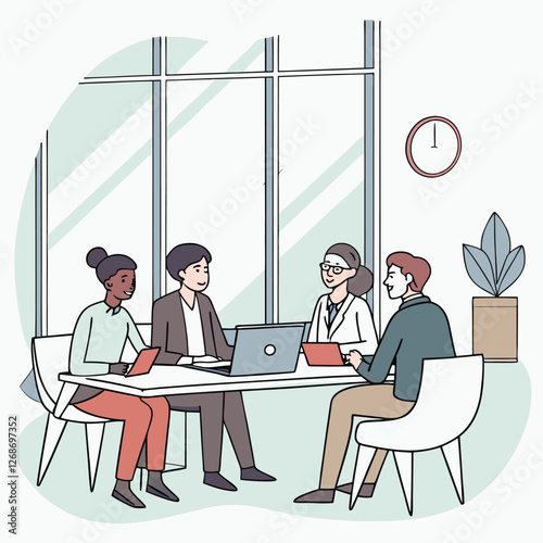 Business meeting scene with diverse professionals in discussion