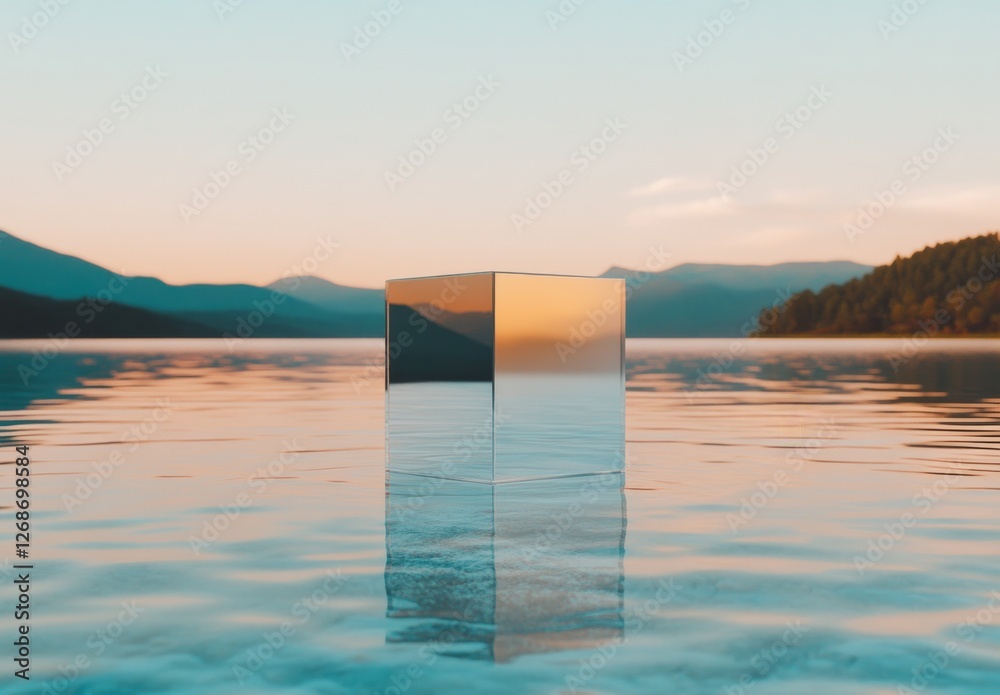 Fototapeta premium Reflective Cube in Serene Waters at Sunset