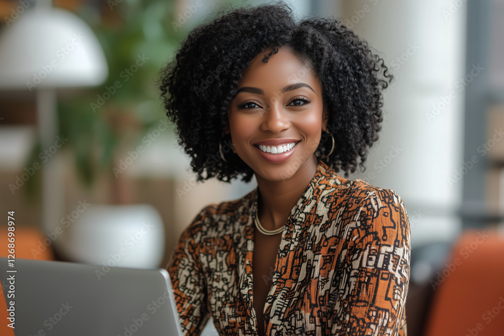 Fototapeta premium Smiling African American woman working on a laptop. Black History Month concept. International Women's Day