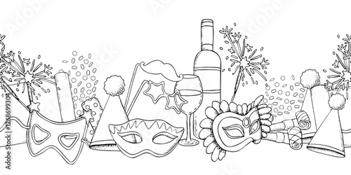Mardi Gras line vector seamless border with masquerade masks, party horns, wine bottle and sparklers. Black and white ink illustration for Purim carnival with festive accessories for coloring