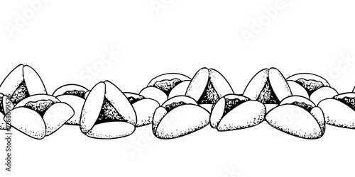 Black and white Purim cookies vector horizontal seamless border. Simple line sketch illustration for banners, cards and coloring. Jewish traditional pastry Oznei Haman or Hamantaschen for holiday