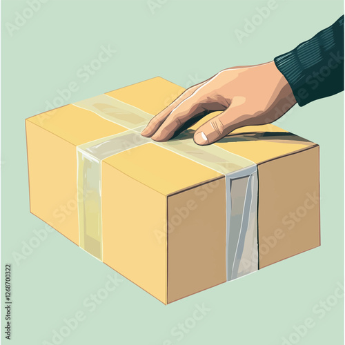 A vector of a hand unboxing a package with bubble wrap and tape