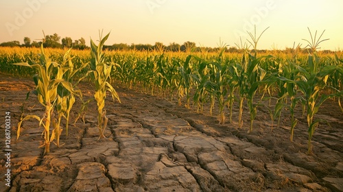 Cornfield struggling due to severe drought with yellowing plants and hardened soil
