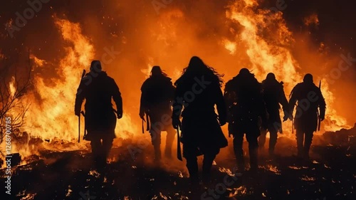 Warriors walking against blazing fire symboliz