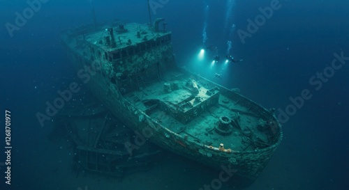 Exploring Shipwreck Underwater with Scuba Divers and Marine Life