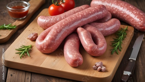 raw sausage on a wooden cutting board