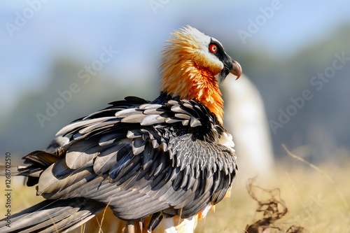 BEARDED VULTURE (Gypaetus barbatus) .  close up detail of face and plumage.  highly endangered .