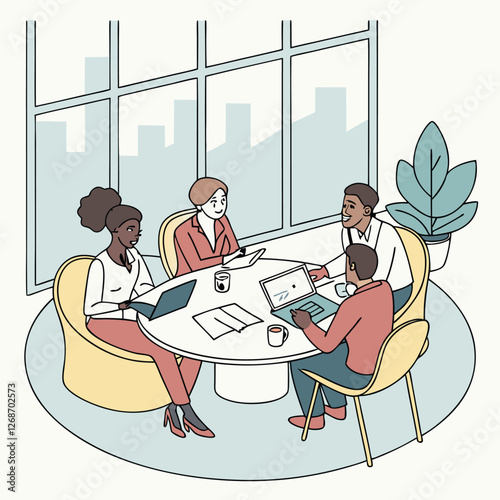 Business meeting scene with diverse professionals in discussion