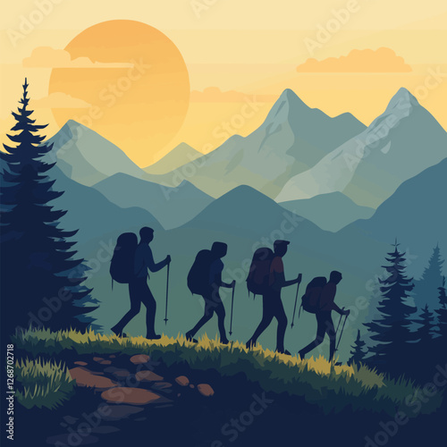 A flat 2D vector of a group of people hiking on a mountain trail