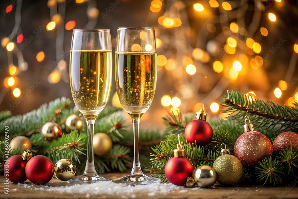 Two wine glasses filled with champagne on a table Two wine glasses filled with champagne on a table
