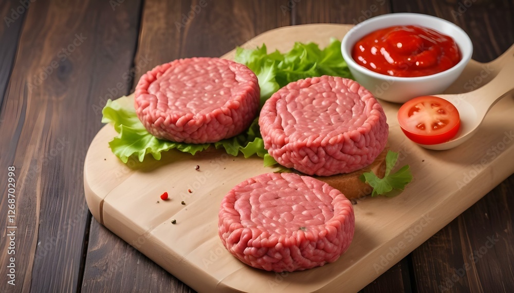 Raw Ground beef meat Burger steak cutlets on wooden background Raw Ground beef meat Burger steak cutlets on wooden background