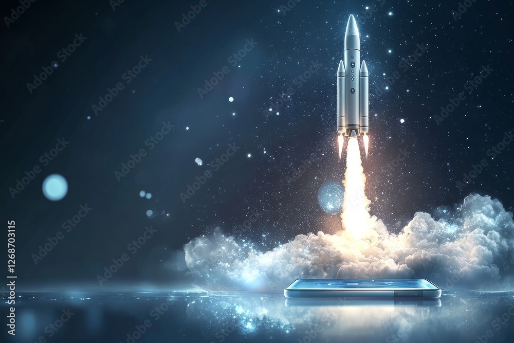 Naklejka premium Rocket Ascension, a dynamic portrayal of a rocket launching into the sky, showcasing the power and innovation of space exploration.