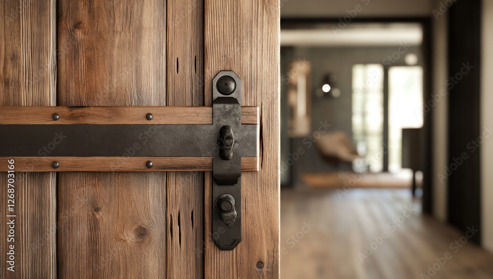 Rustic Wooden Door with Metal Hardware: A Glimpse into a Modern Interior Rustic Wooden Door with Metal Hardware: A Glimpse into a Modern Interior