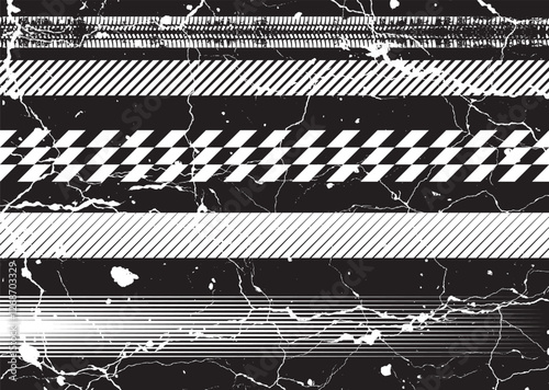 Glitch distorted grunge layer . Noise destroyed texture. Checkered race grunge flag . Overlay grunge texture .Distressed effect .Vector shapes with a speed lines and tire tracks screen print texture.