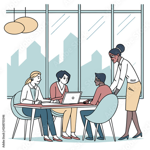 Business meeting scene with diverse professionals in discussion