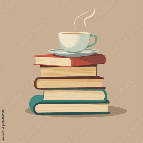 Neatly stacked books with a steaming coffee cup on top, cozy setting.