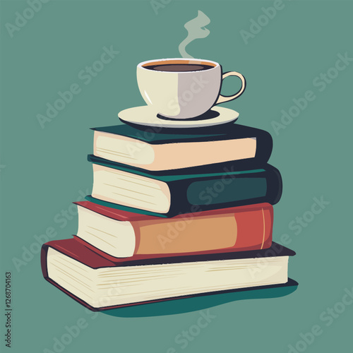 Neatly stacked books with a steaming coffee cup on top, cozy setting.