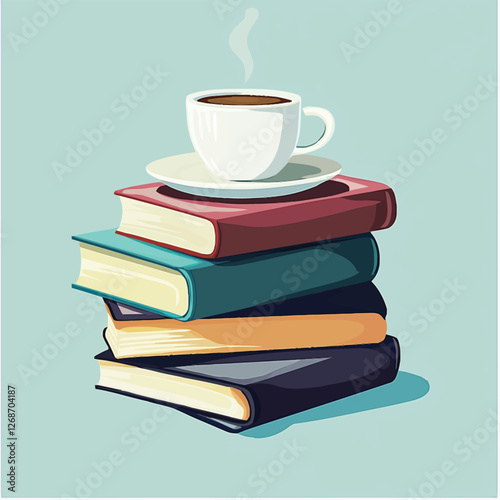 Neatly stacked books with a steaming coffee cup on top, cozy setting.