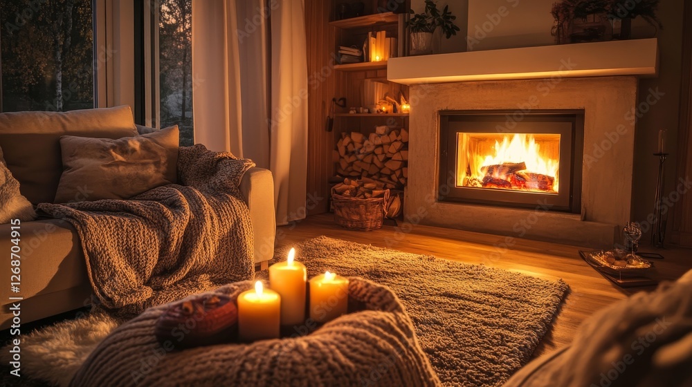 Fototapeta premium Cozy living room with a roaring fireplace, warm ambiance, inviting furniture, soft textures, perfect for relaxation and gatherings