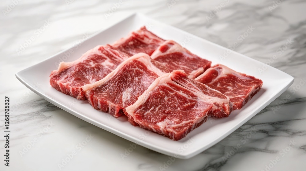Close-up of raw beef short ribs arranged on a white square plate, set against a marble surface. Close-up of raw beef short ribs arranged on a white square plate, set against a marble surface.