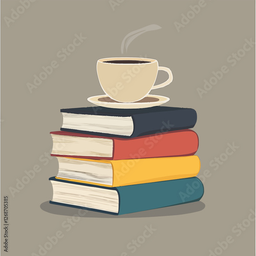 Neatly stacked books with a steaming coffee cup on top, cozy setting.