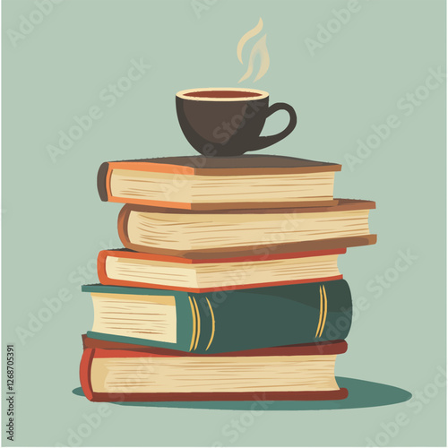 Neatly stacked books with a steaming coffee cup on top, cozy setting.