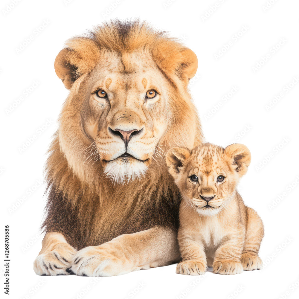 Majestic Adult Male Lion and Adorable Young Cub Resting Together in Harmony Majestic Adult Male Lion and Adorable Young Cub Resting Together in Harmony
