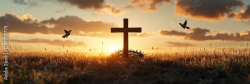 religious symbolism, a weathered wooden cross and crown of thorns in a field, with doves against a golden sunset, create a dramatic and solemn scene